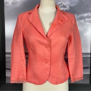Allison Taylor Coral Orange Linen Crop Floral Lapel Accent Jacket Blazer Sz 4